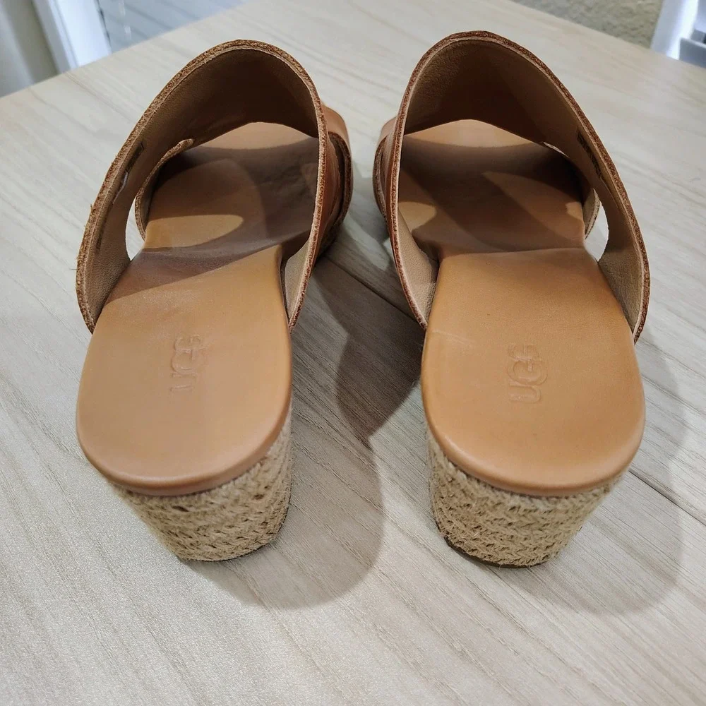 UGG Eirene Espadrille Wedge Sandals Women 10 Brown Leather Jute Boho Chic Resort